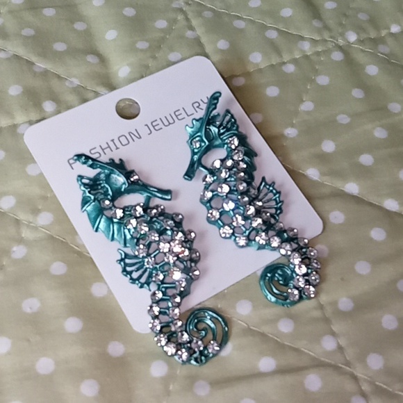 New Blue Rhinestone Seahorse Earrings - Picture 3 of 6